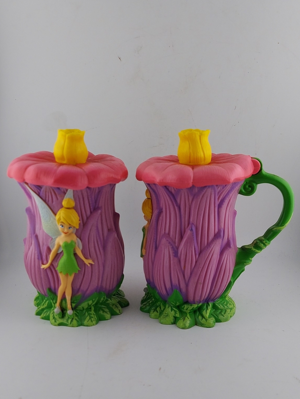 Disney Tinker Bell Purple Flower Mug Pair with Pink Petal Lids and Green Handles